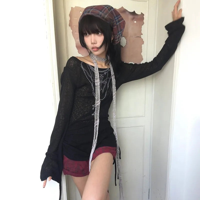 Karrram Japanese Y2K Knitted Top Grunge Tattoo Print Long Sleeve Ribbed Vintage Harajuku 2000s Gothic T-Shirt