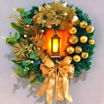35CM Golden Christmas Wreath with Lights – Red Ball & Flower Garland Xmas Ornament for Front Door, Window & Wall Decor