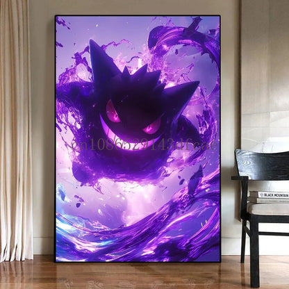 Pokémon Canvas Wall Art – Gengar Anime Ink Painting Poster Print for Living Room & Kids Room Decor