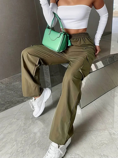 Women’s High Waist Wide Leg Workwear Pants Elastic Waist Loose Casual Solid Color Sports Pants