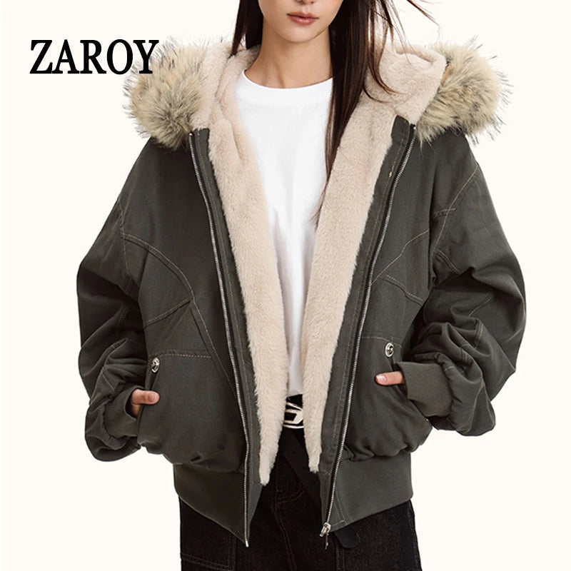 ZAROY Unisex Y2K Gothic Parka Jacket Faux Fur Collar Hooded Thick Padded Winter Coat Harajuku Streetwear Zipper Outerwear for Women and Men