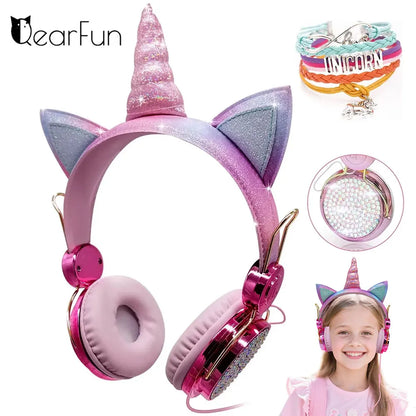 Pink Unicorn Kids Headphones – Cute Diamond Wired Headset with Microphone for Girls & Children, Music Headphones, Birthday & Gift for Kids