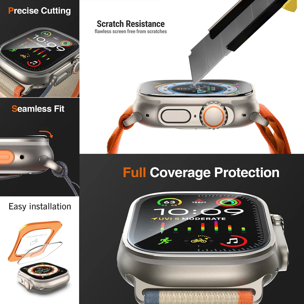 Protector de pantalla de cristal templado para Apple Watch Ultra 49 mm (Ultra 1/2/3) – Película protectora HD resistente a los arañazos con herramienta de instalación de alineación