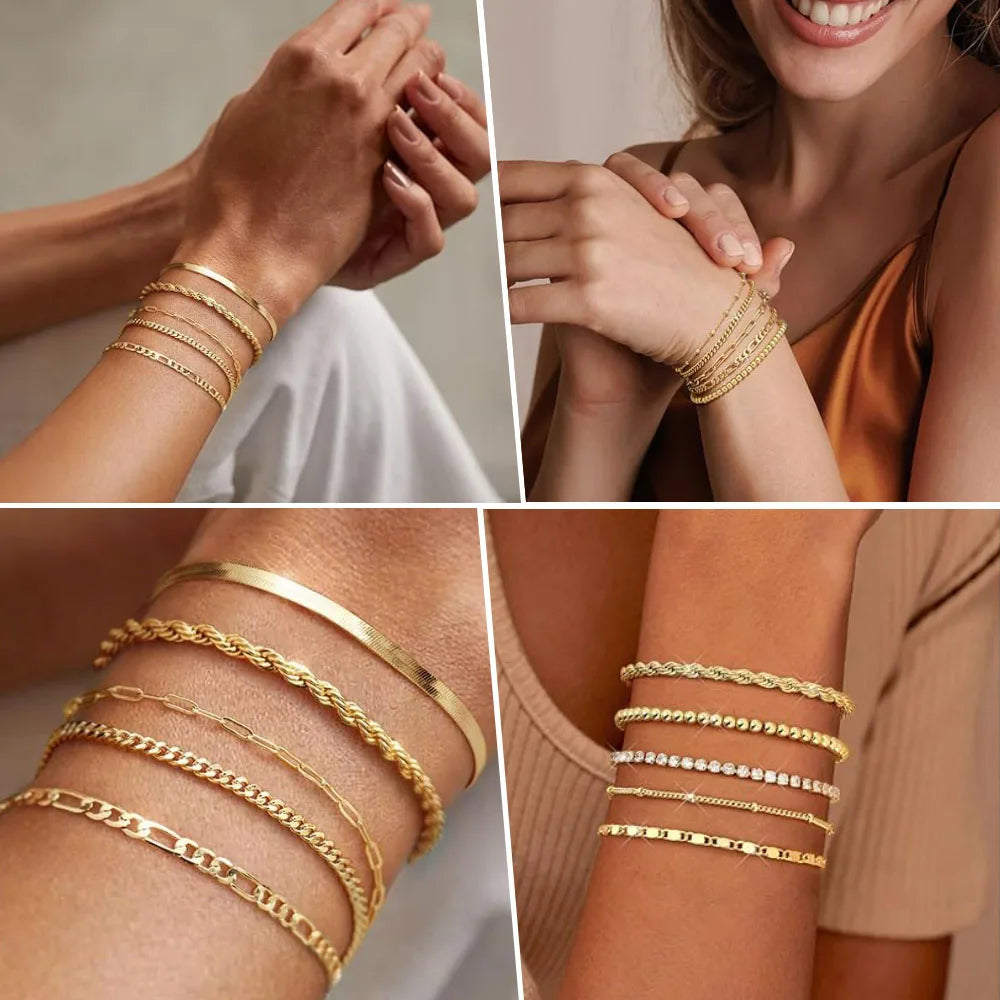Non-Tarnish Stainless Steel Herringbone Bracelet – Gold Plated Waterproof Stackable Chain Bracelet for Women | Fashion Jewelry Gift
