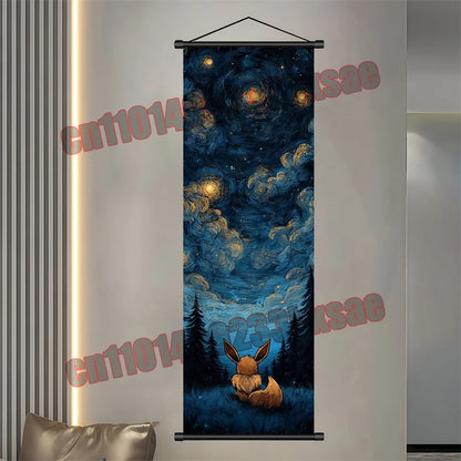 Pokémon Anime Wall Poster – Gengar Eevee Pikachu Scroll Painting Retro Canvas Artwork for Home Decor