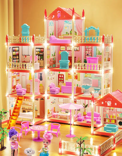 3D DIY Mini Princess Castle Villa Assembly Toy House with LED Lights – Creative Doll House Accessories Set, Girl Birthday Gift