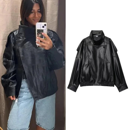 TFMLN Women’s Black Faux Leather Jacket – Oversized Long-Sleeve Button-Up Coat, Elastic-Fit Fashion Outerwear for Autumn & Winter Streetwear