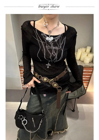 Karrram Japanese Y2K Knitted Top Grunge Tattoo Print Long Sleeve Ribbed Vintage Harajuku 2000s Gothic T-Shirt