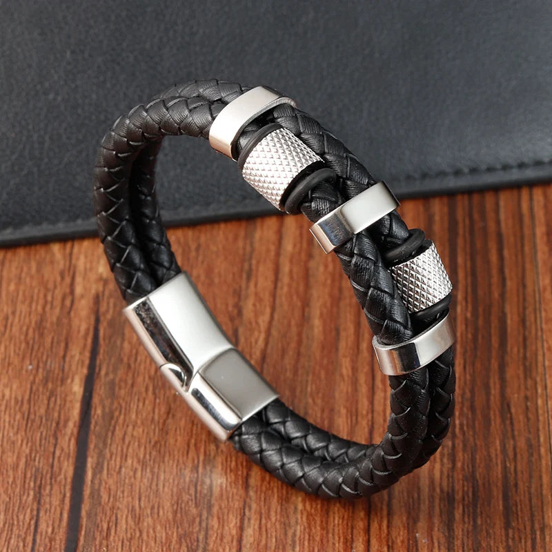Braided Leather Rope Bracelet – Genuine Leather Bracelet with Stainless Steel Magnetic Clasp for Men & Women | Fashion Jewelry Gift