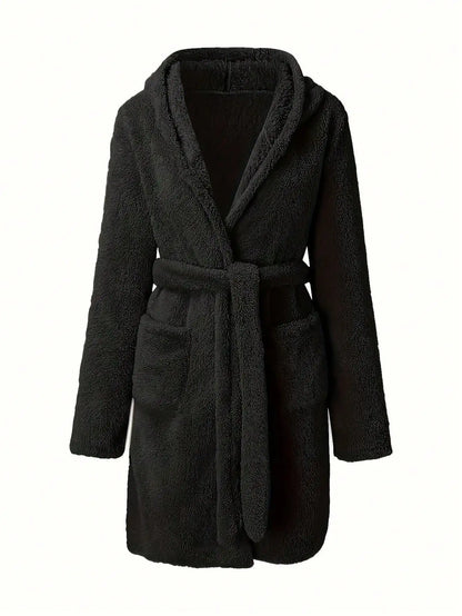 Women’s Hooded Fleece Robe – Solid Color Cozy Warm Bathrobe with Belt for Autumn & Winter Home Wear