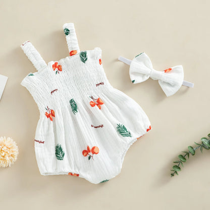 Pudcoco Conjunto de verano de 2 piezas para bebé niña, pelele estampado sin mangas con diadema, 0-18 meses