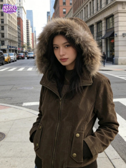 Women’s American Vintage Harajuku Jacket – Brown Fur Collar Hooded Short Coat, Gothic Winter Streetwear & Casual Fashion Outerwear