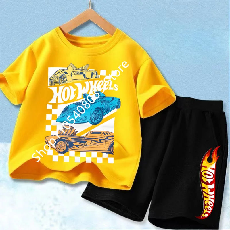 Conjunto de camiseta y pantalón corto de coche de carreras para niños, mezcla de algodón, atuendo de verano para niños y niñas