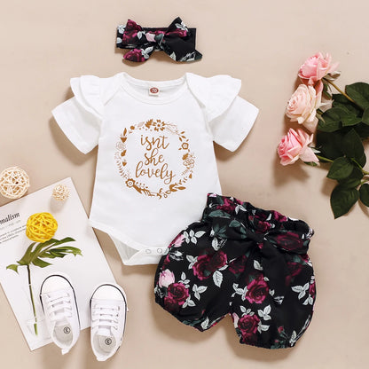 Baby Girl 3PCS Summer Outfit Set – Short Sleeve Bodysuit, Polka Dot Shorts & Headband for Infants