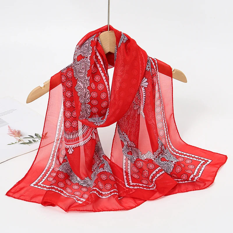 Women's Printed Chiffon Scarf Shawl – Lightweight Silk-Feel Long Wrap for Beach, Travel & Outdoor Wear, Fashion Headband Accessory