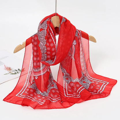 Women's Printed Chiffon Scarf Shawl – Lightweight Silk-Feel Long Wrap for Beach, Travel & Outdoor Wear, Fashion Headband Accessory