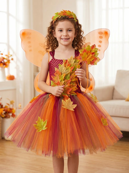 Autumn Forest Fairy Costume Dress for Girls – Woodland Maple Leaf Tutu Princess Dress for Halloween, Thanksgiving & Dress-Up