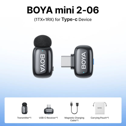 BOYA Mini 2 Wireless Lavalier Microphone – Mini Clip-On Mic with AI Noise Reduction for iPhone, Android & USB-C Video Recording