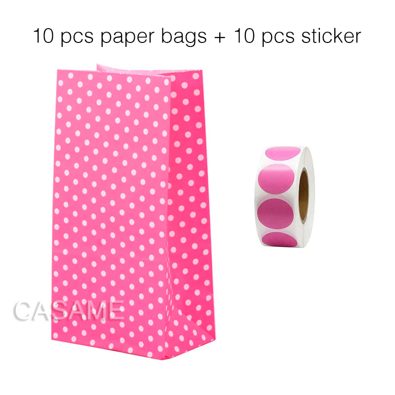 10PCS Stand-Up Colorful Gift Bags with Stickers – Solid, Striped & Polka Dot Treat Bags for Wedding, Birthday & Party Favors (18×9×6cm)