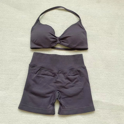 Women’s Seamless Yoga Set – 2PCS Strappy Sports Bra & High Waist Scrunch Shorts Gym Workout Outfit