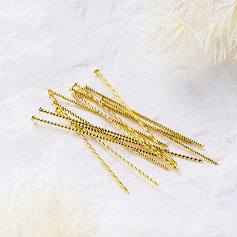 100-Piece 14K & 18K Gold Plated Brass Head Pins Set (16–50mm) – Ball, Flat & Eye Pins for DIY Jewelry Making & Crafts
