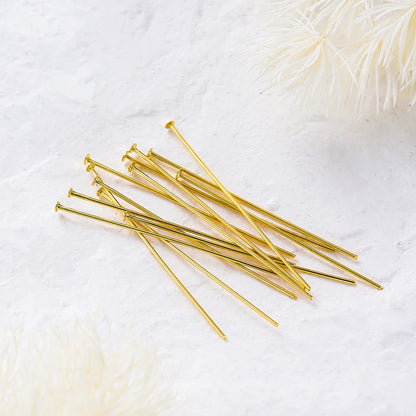 100-Piece 14K & 18K Gold Plated Brass Head Pins Set (16–50mm) – Ball, Flat & Eye Pins for DIY Jewelry Making & Crafts