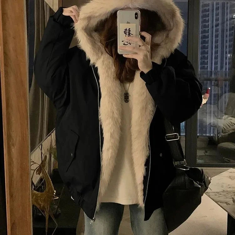 Women’s Double-Sided Faux Mink Fur Coat – Thick Plush Cotton-Padded Hooded Jacket, Loose-Fit Warm Outerwear for Autumn & Winter