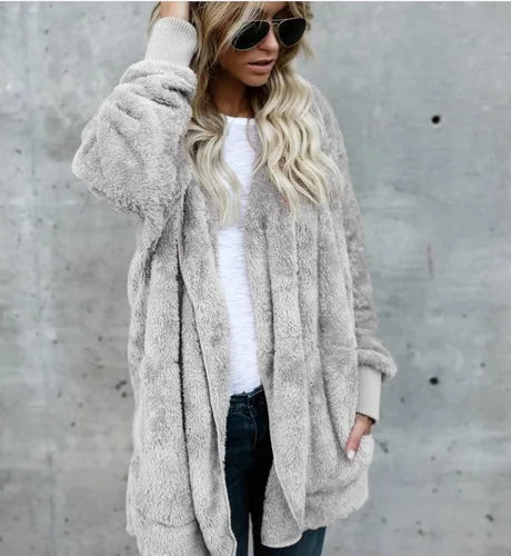 Women’s Double-Fleece Hooded Cardigan Jacket – Solid Color Plush Warm Coat with Long Sleeves, Oversized Autumn & Winter Outerwear