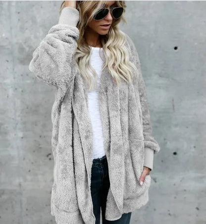 Women’s Double-Fleece Hooded Cardigan Jacket – Solid Color Plush Warm Coat with Long Sleeves, Oversized Autumn & Winter Outerwear