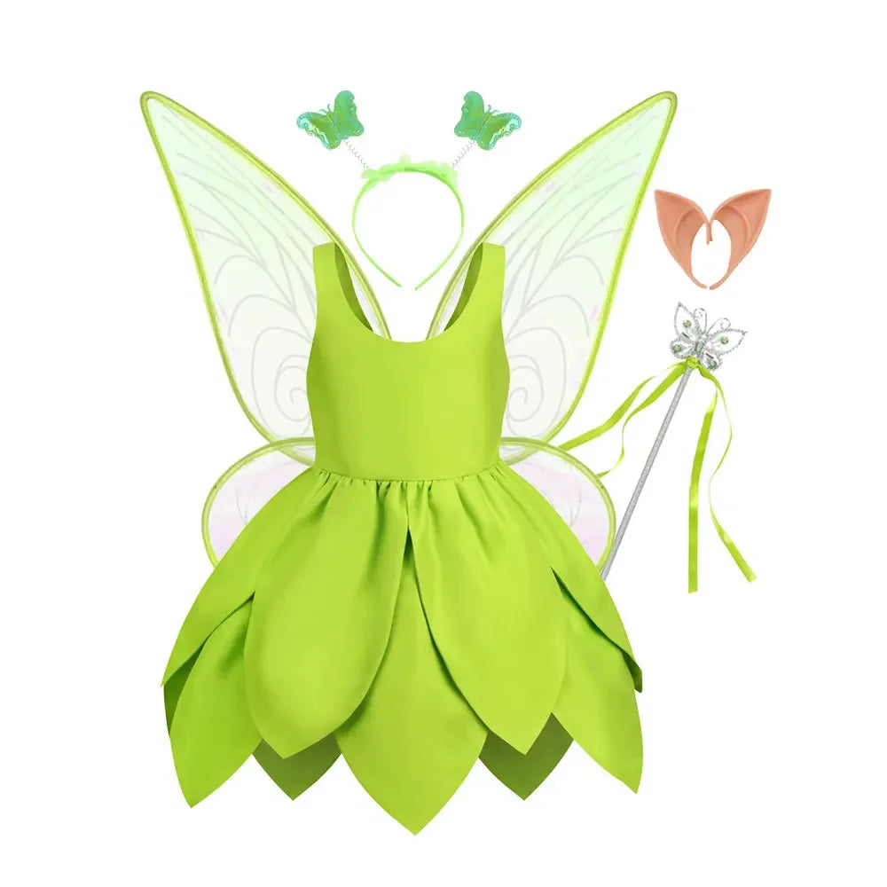 Tinker Bell Fairy Dress for Girls – Fantasy Forest Elf Green Leaf Cosplay Costume for Baby & Kids, Halloween Dress-Up