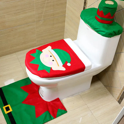3PCS Christmas Bathroom Decor Set – Festive Toilet Seat Cover, Tank Cover & Bathroom Rugs for Indoor Home Holiday Decoration