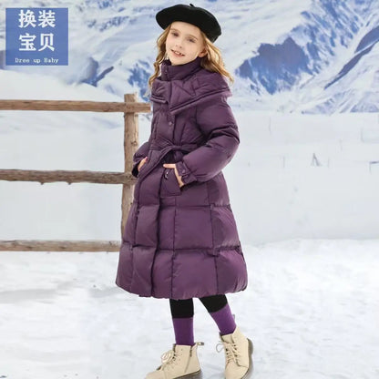Girls’ Long Hooded Winter Coat – Thick Warm Cotton-Padded Jacket, Solid Color Snow Outerwear for Kids Ages 5–12