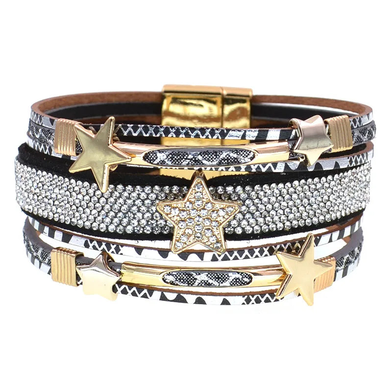 Pulsera de cuero WELLMORE con dije de estrella – Pulsera bohemia de aleación de zinc para mujer | Regalo de joyería de moda en capas