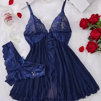 Chemise de nuit à col en V en dentelle pour femme – Robe de nuit en satin doux, vêtement de nuit et de détente confortable pleine longueur