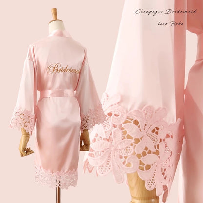 Women’s Summer Lace Kimono Robe – Bride & Bridesmaid Wedding Sleepwear Embroidered Bathrobe Night Dress