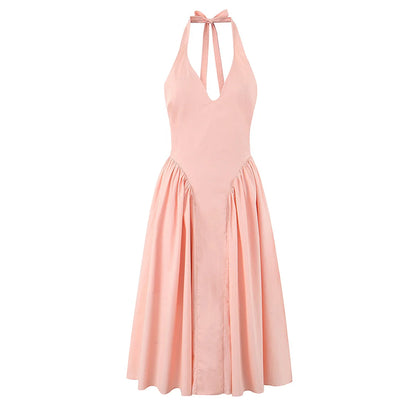 YENKYE Women’s Sexy Backless Green Halter Midi Dress Elegant Low Waist A-Line Cotton Summer Evening Party Robe