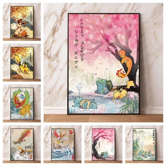 Arte de Pared de Lona de Pokémon Anime Japonés – Póster Impreso de Acuarela de Pikachu, Charmander y Eevee para Decoración del Hogar