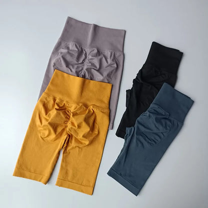 Pantalones cortos de yoga de cintura alta para mujer – Pantalones cortos deportivos fruncidos para realce de glúteos, para correr, gimnasio, fitness y control de abdomen