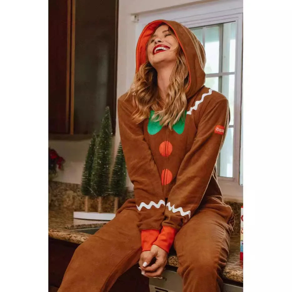 Gingerbread Christmas Costume Hooded Zipper Jumpsuit for Men, Women and Kids, Long Sleeve Holiday Cosplay Outfit for Christmas Parties, Theme Events and Dress-Up Role Play
