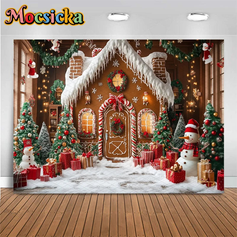 Mocsicka Christmas House Photography Backdrop – Xmas Tree, Snowman & Gifts Holiday Background for Children, Adults, Family & Party Decor