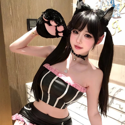 Cute Cat Anime Cosplay Costume Set – Maid Style Outfit with Bra, Skirt, Cat Ears for Halloween, Carnival & Roleplay Party Wear