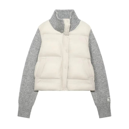 Women’s Sweater-Spliced Padded Coat – Long-Sleeve Zip-Up Jacket with Pockets, Chic Casual Outerwear for Spring & Autumn