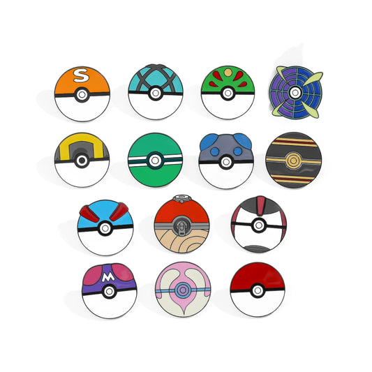 Set de 14 broches esmaltados de Poké Ball de Pokémon – Pines metálicos minimalistas de dibujos animados para mochilas y accesorios de ropa