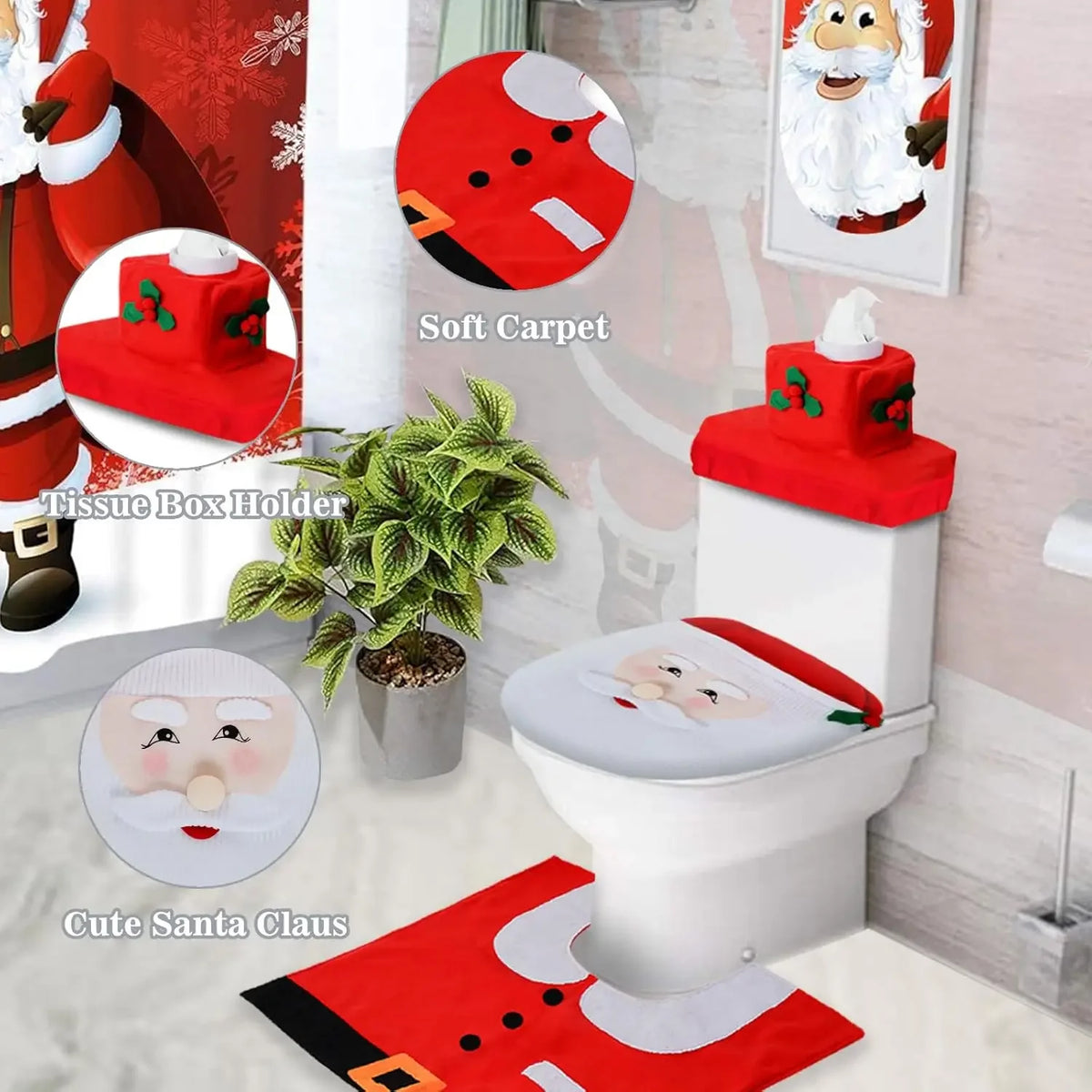 3PCS Christmas Bathroom Decor Set – Festive Toilet Seat Cover, Tank Cover & Bathroom Rugs for Indoor Home Holiday Decoration