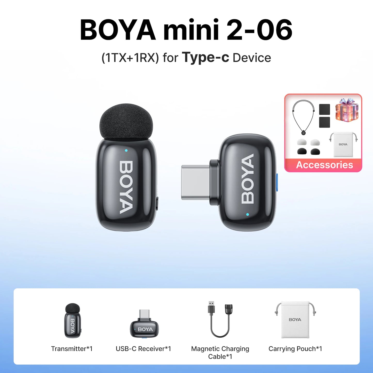 BOYA Mini 2 Wireless Lavalier Microphone – Mini Clip-On Mic with AI Noise Reduction for iPhone, Android & USB-C Video Recording