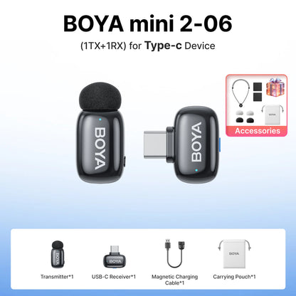 BOYA Mini 2 Wireless Lavalier Microphone – Mini Clip-On Mic with AI Noise Reduction for iPhone, Android & USB-C Video Recording
