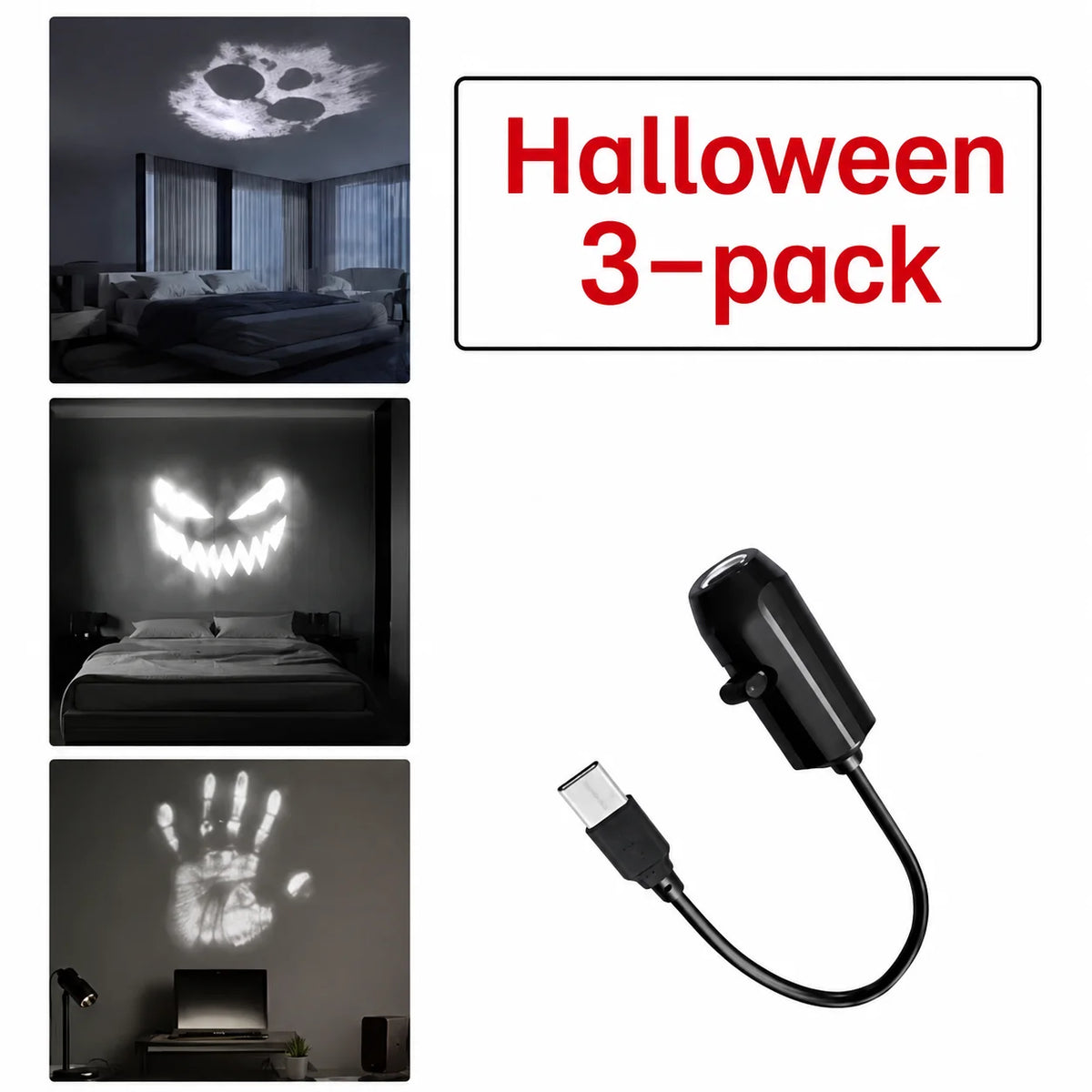 Halloween USB Projection Lamp with 3 or 6 Pattern Slides, LED Ghost Bat Skull Spider Projector Light for Halloween Party, Bedroom, Indoor Holiday Decorations