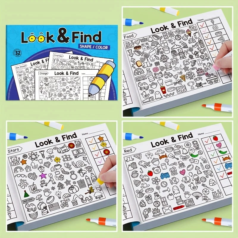 Livre d'activités interactif de cherche-et-trouve à colorier – Livre de puzzles d'objets cachés pour enfants avec des jeux de cherche-et-trouve, des exercices d'association, des pages de coloriage créatives et des activités d'apprentissage éducatives