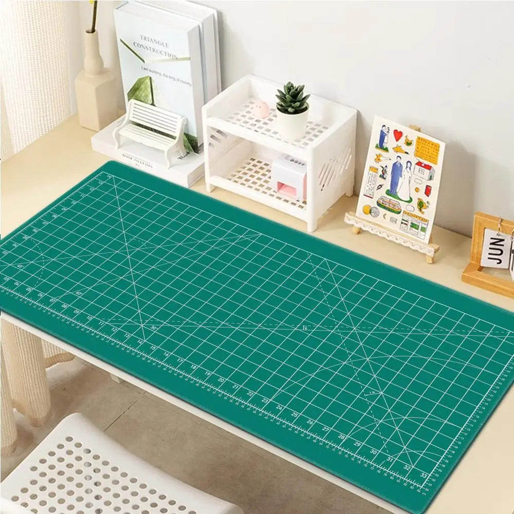 Large Gaming Mouse Pad with Green Grid Cutting Mat Design – Extended Anti-Slip Desk Mat with Stitched Edges for Keyboard, Gaming & Home Office