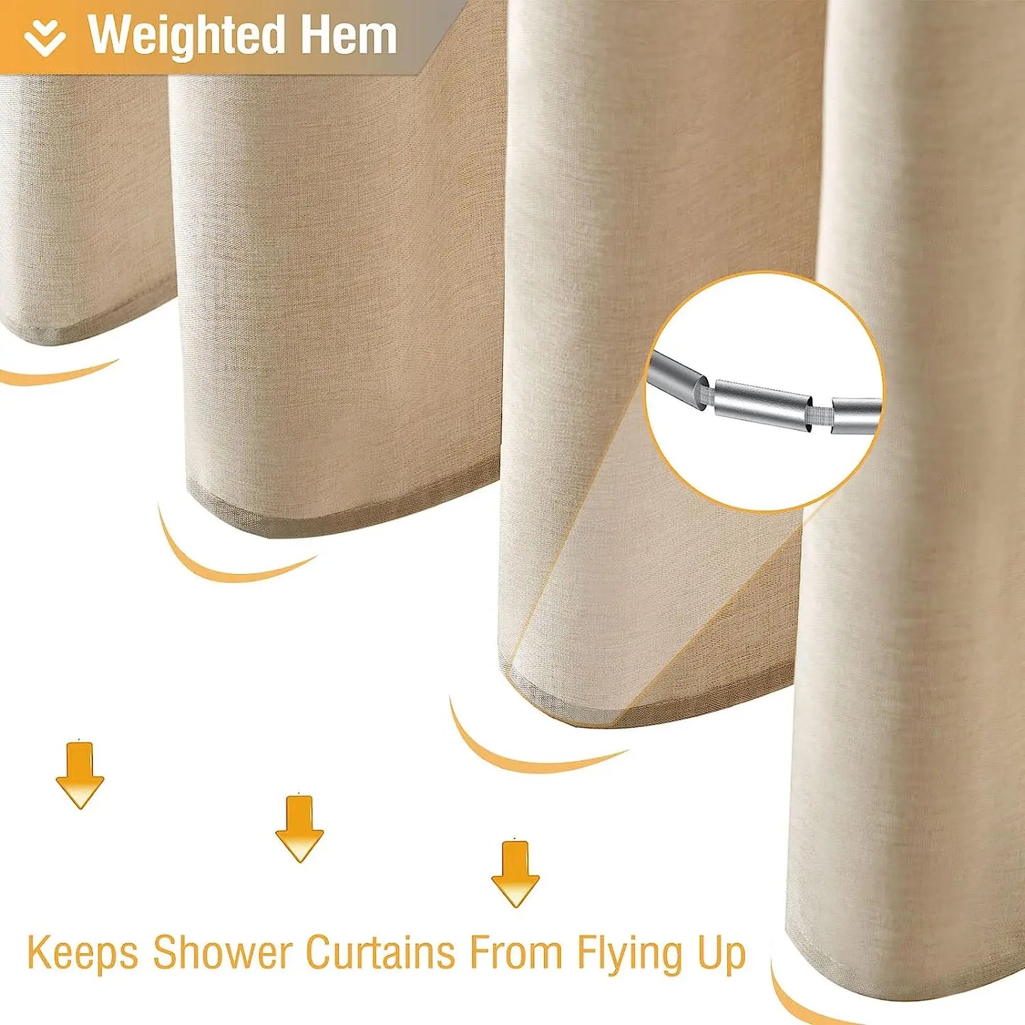 Cortina de ducha de lino de lujo – Cortina de baño de tela impermeable con ganchos de metal